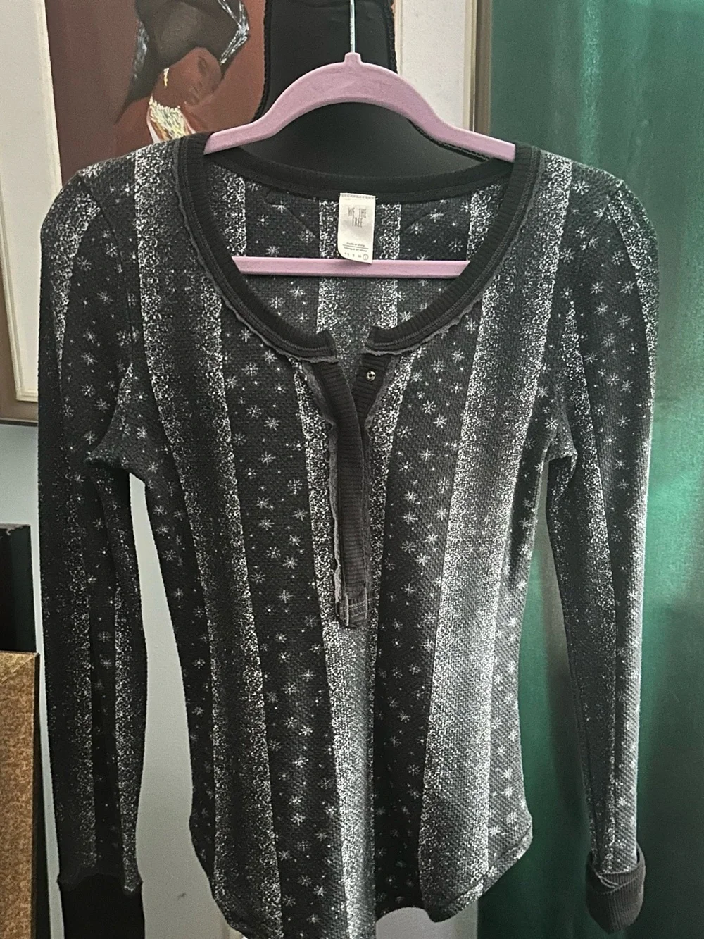 Free People We The Free Black Gray Printed Thermal Henley Top Size L